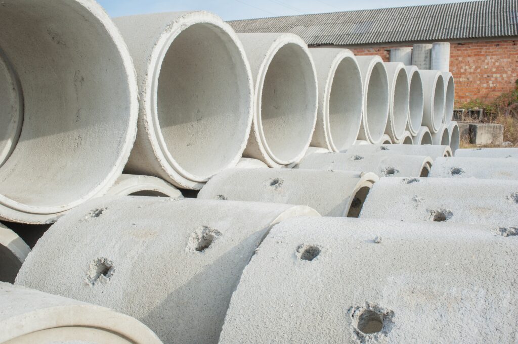 Pipe of cement for the building trade.Concrete drainage pipes.
